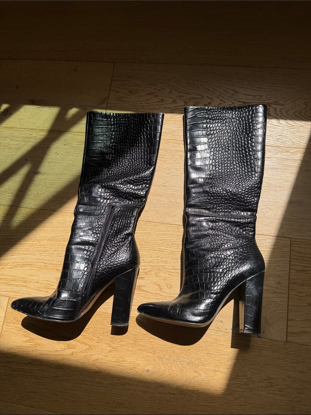 Aldo Black Croc-Embossed High Block Heel Mid-Calf Boots